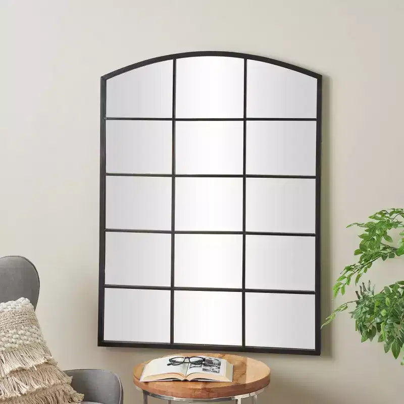 Olivia & May 48"x36" Metal Arched Window Pane Inspired Wall Mirror with Black Frame Black: Contemporary, No Assembly Required