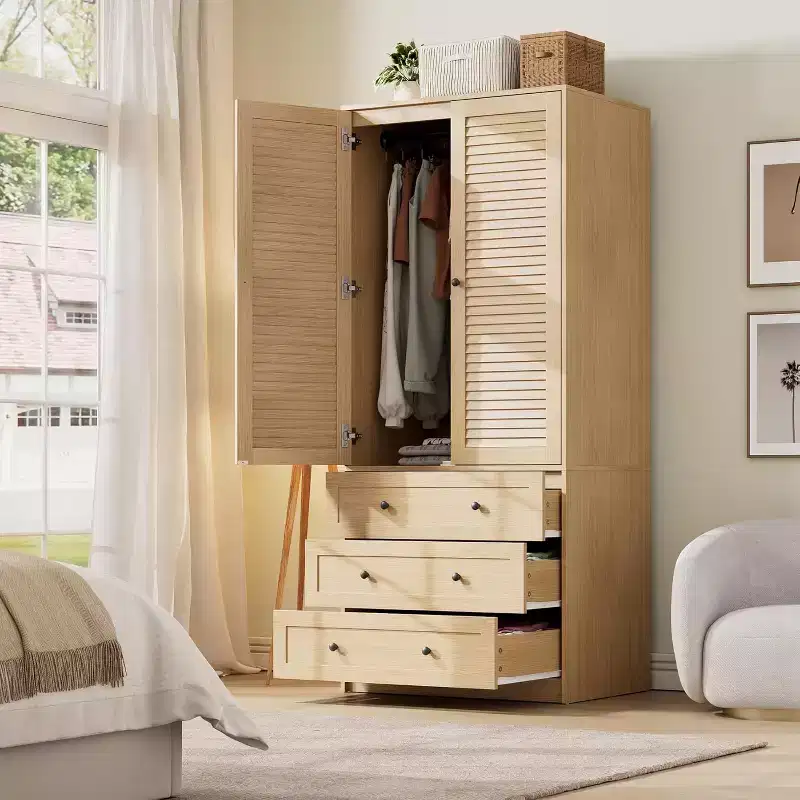 Shutter Door Wardrobe, PB+MDF+Laminate U7 Amorior 3-Drawer Closet, Teak Finish, for Bedroom Cloakroom