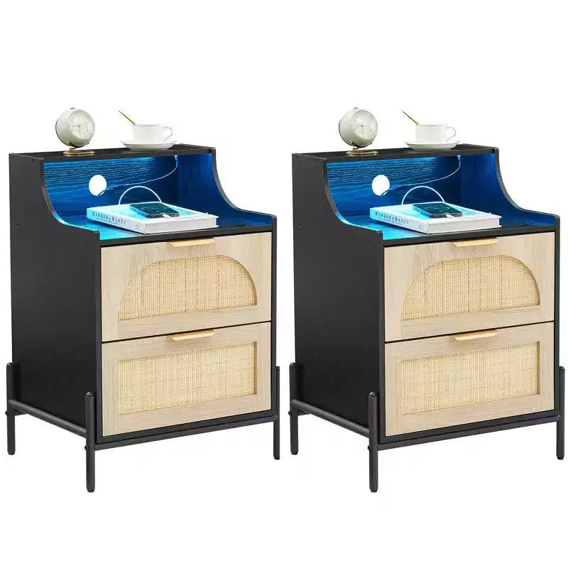 2-Pack Wooden Rattan Nightstand - Bedside Table with Charging Station, LED Lights, USB Ports & Outlets, Modern for Bedroom, Living Room