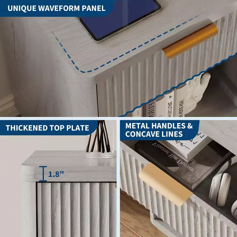 Fluted Nightstand with Charging Station and Drawers