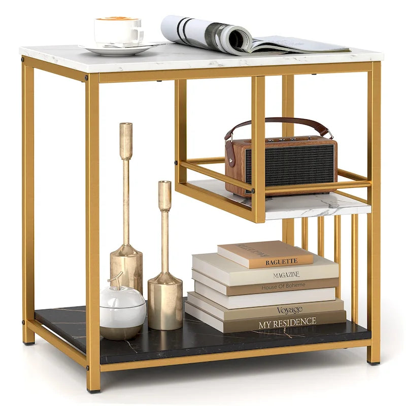 3-Tier Faux Marble Side Table with Gold Metal Frame and Storage Shelves
