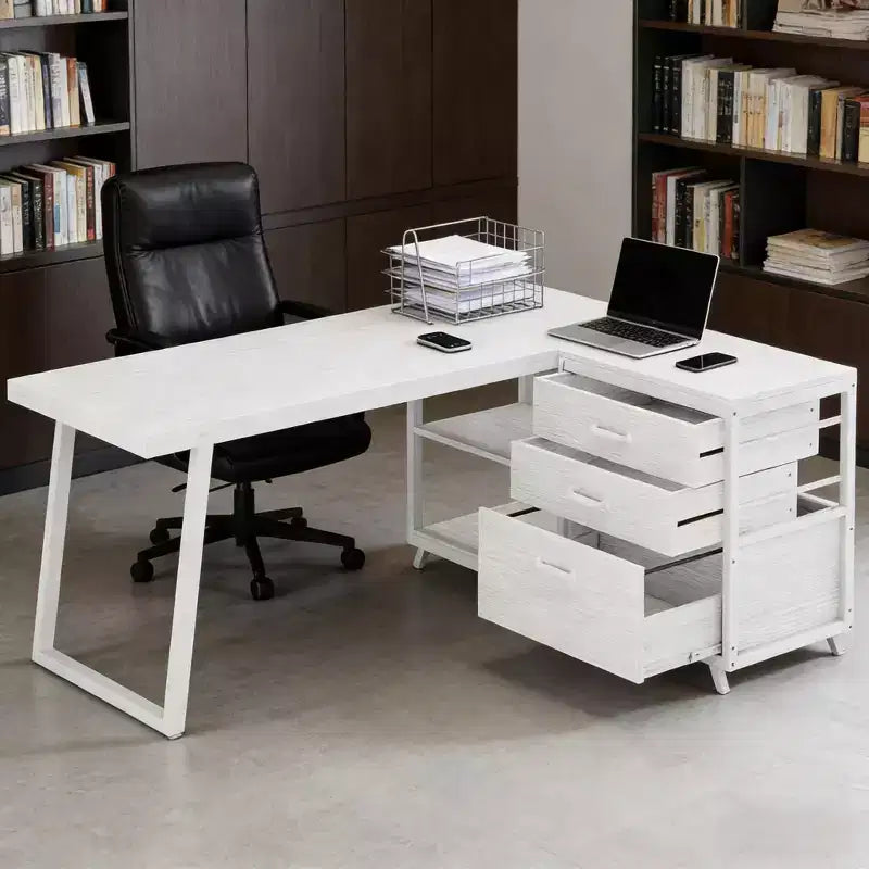 Modern Reversible L-Shaped Desk with 3 Drawers & Open Shelves, 53