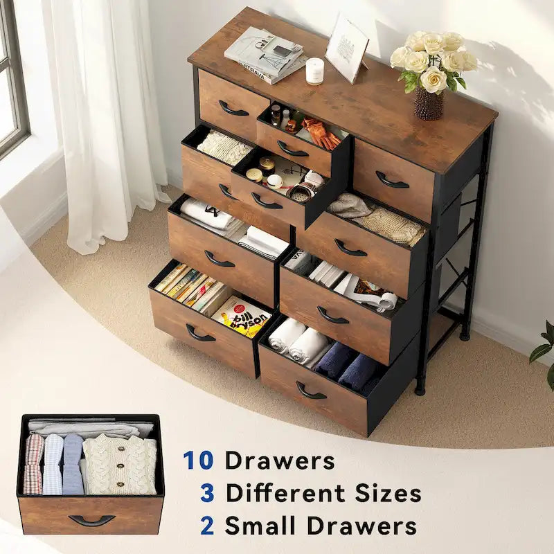 Rustic Wood-grain Bedroom Dresser with Metal Frame, Wooden Top