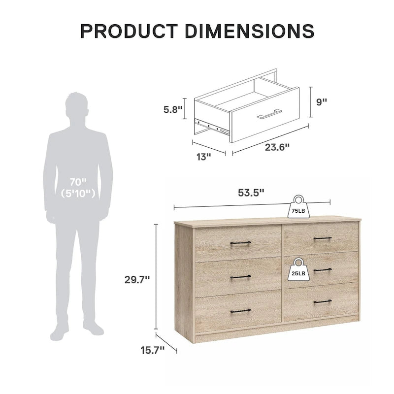Wide 6-Drawer Dresser with Laminate Finish