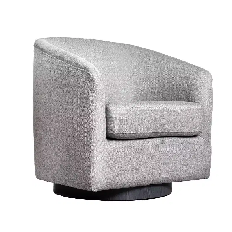 Upholstered Club Style Barrel Accent Chair with 360° Swivel Vinyl Wrapped Base and Sloped Armrests