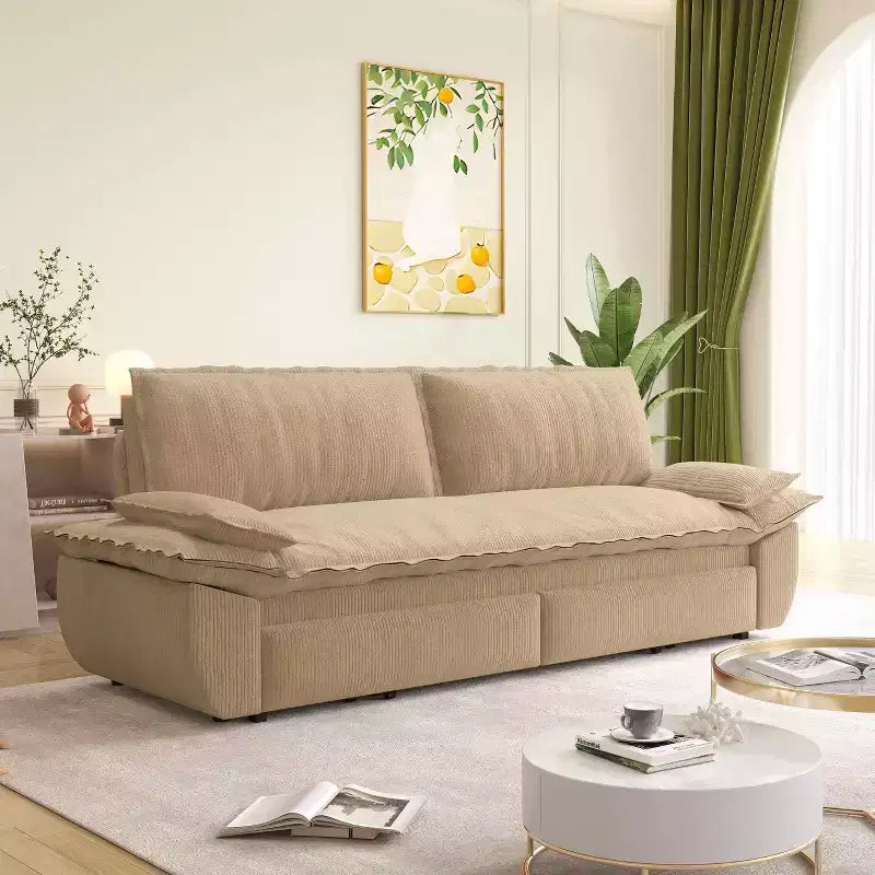 MAYEERTY 73.2 Queen Pull Out Sofa Bed, 3-in-1 Convertible Sleeper Sofa, Multifunctional Velvet Loveseat Bed Camel