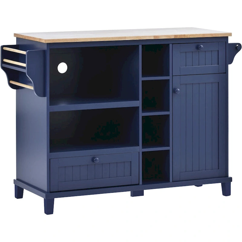 Rolling Kitchen Island Cart with Open Shelves Drawers Cabinet and Microwave Space