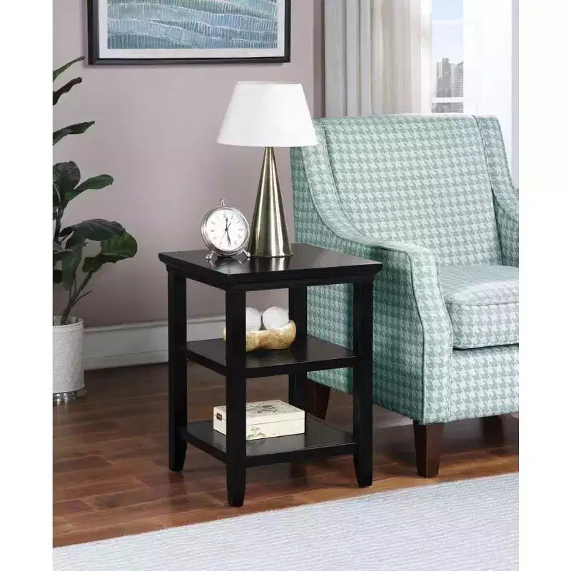 End Table with Lower and Middle Shelf, Transitional Rubberwood Side Table, Black