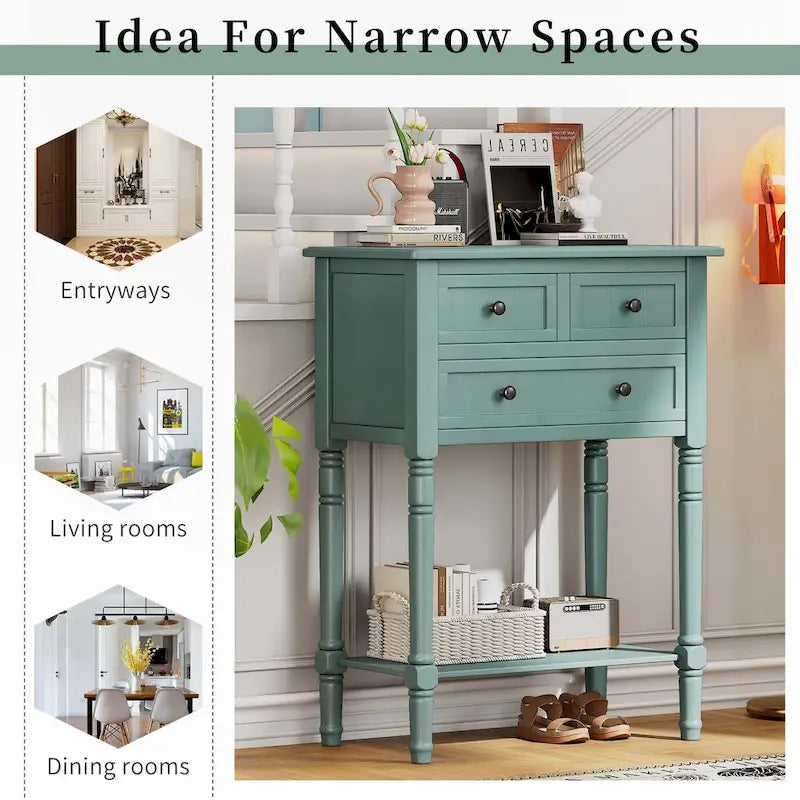 Narrow Console Table with Drawers and Bottom Shelf