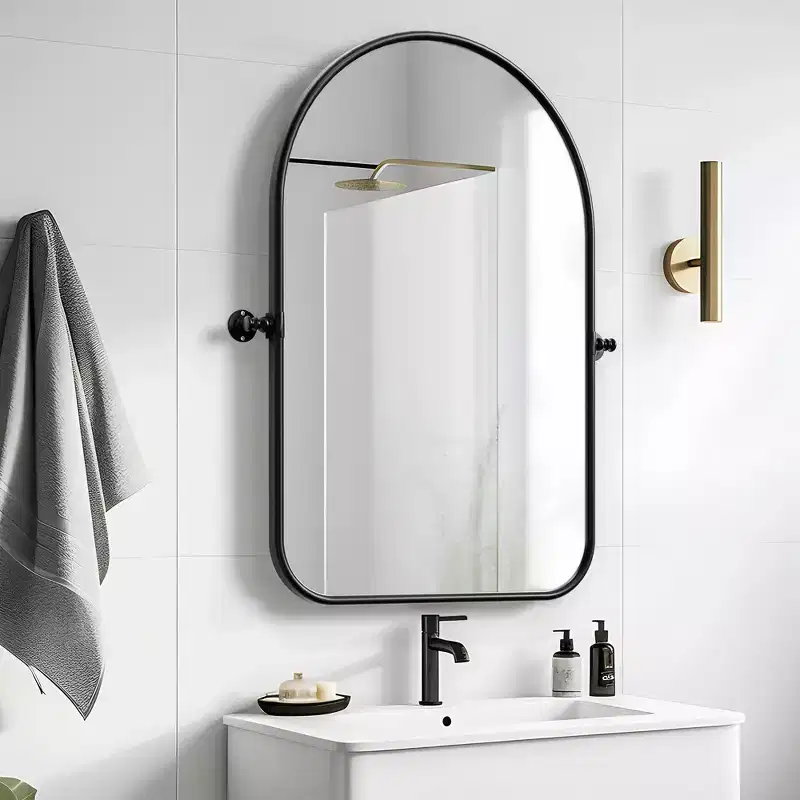 MAYEERTY 32x23in Wrought Iron Rounded Arch Black Swivel Metal Hanging Mirror