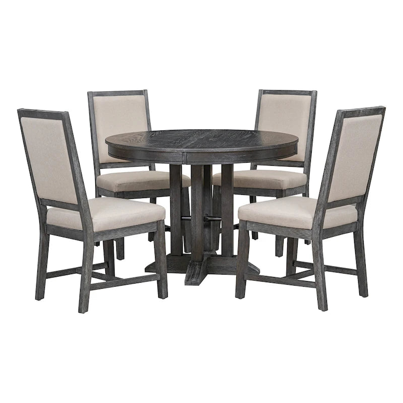 Black Wooden Dining Table with Extendable Round Table & 4 Chairs