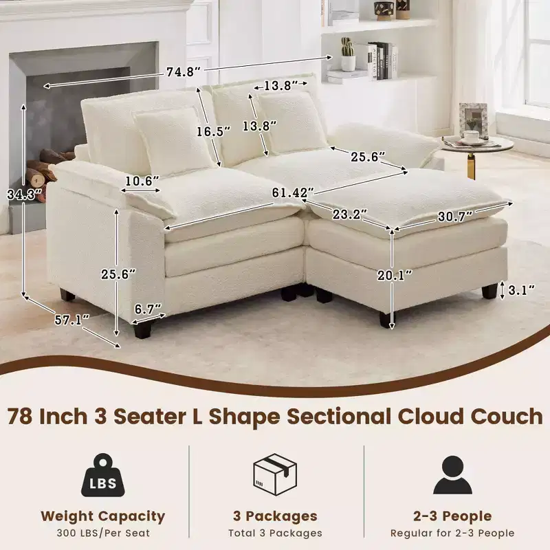 HYLEORY 74.8 in. Chenille Fabric 3 seat Sectional Sofa with Ottoman