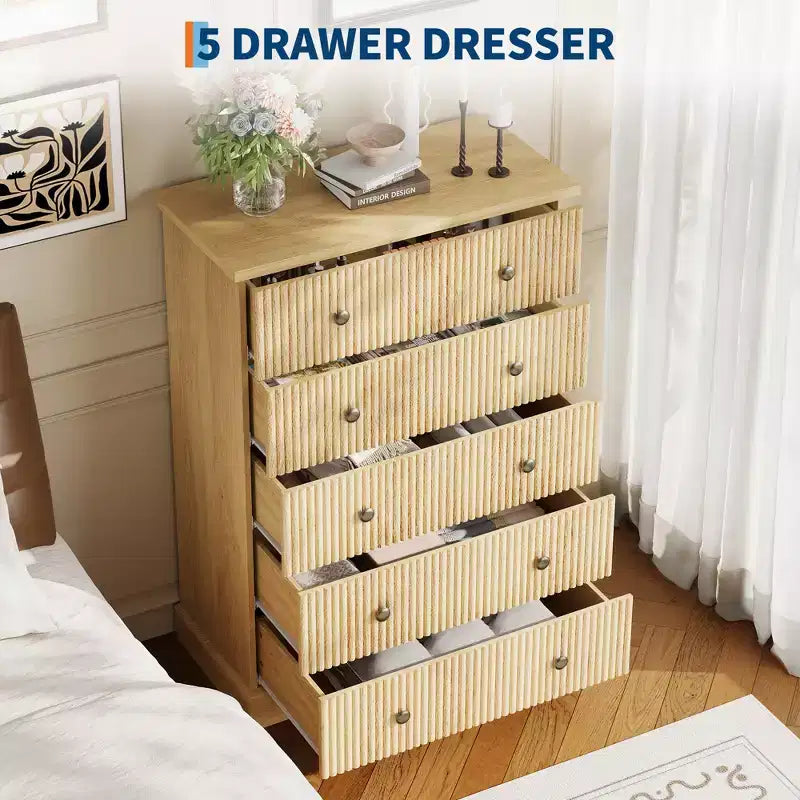 Fluted Horizontal Chest of Drawers, Wood Dresser with Metal Handles, Modern