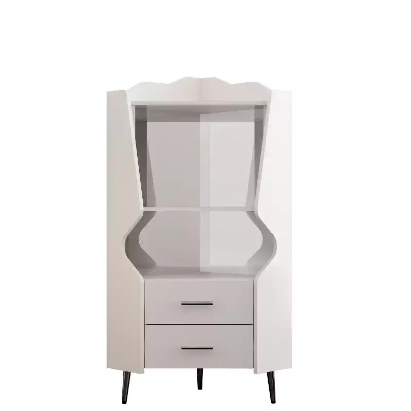 Homy Casa Modern Corner Bar Cabinet with Shelves and Drawers, for Dining or Living Room, White