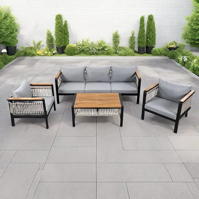 4-Piece Outdoor Cnversation Sectional Sofa Set with Water-Resistant Cushions and Coffee Table