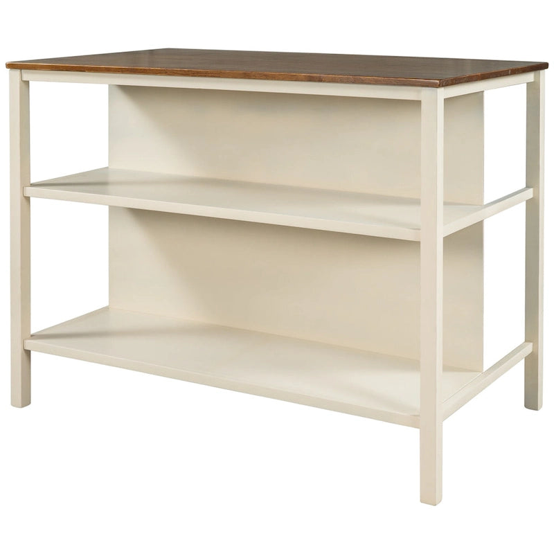 Tan Rustic Solid Rubberwood Stationary Kitchen Island with 2 Open Shelves