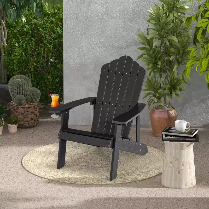 Costway Patio HIPS Adirondack Chair with Cup Holder Weather Resistant Outdoor 380 LBS Black/Teak/Green/Navy/Red/Gray/White/Yellow