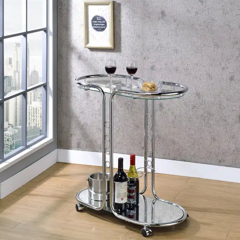 Modern Chrome Glass Top Serving Cart with Casters
