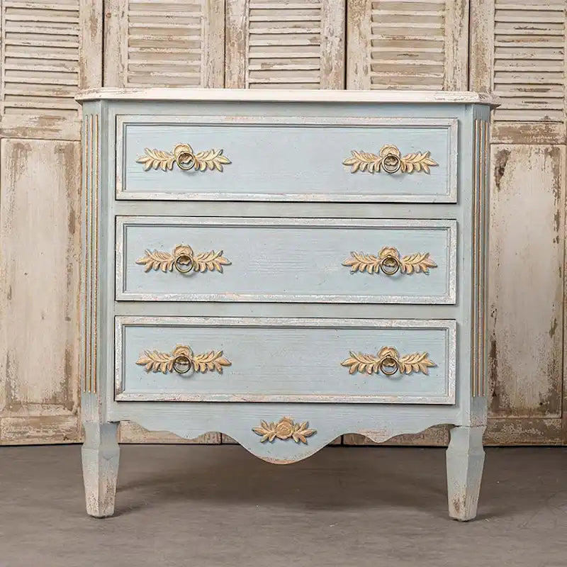 Distressed Light Blue Cream Top 2-Drawer Wood Cabinet with Gold Accents