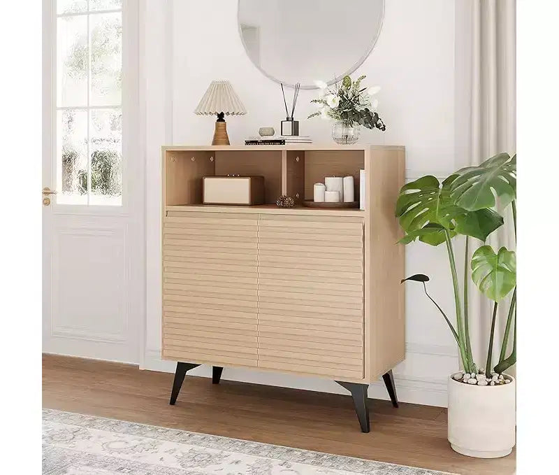 Fluted Storage Cabinet with Metal Legs – Mid-Century Modern Sideboard Credenza