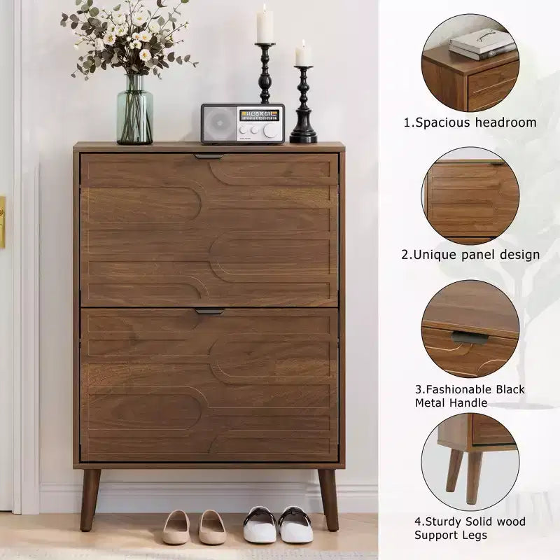 Modern Freestanding Shoe Cabinet with 2 Flip Drawers - Mid-Century Storage Rack for Entryway
