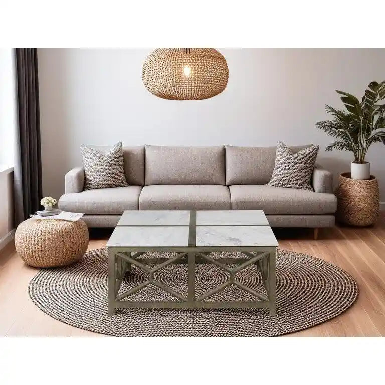 Coffee Table, 40 Inch Square White Marble Top, Sandblasted Ash Gray Mango Wood Geometric Frame