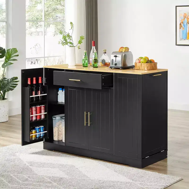 Modern Kitchen Island with Doors & Center Drawer & Trash Can Storage, Storage Cabinet Dining Sideboard for Kitchen, Dining Room