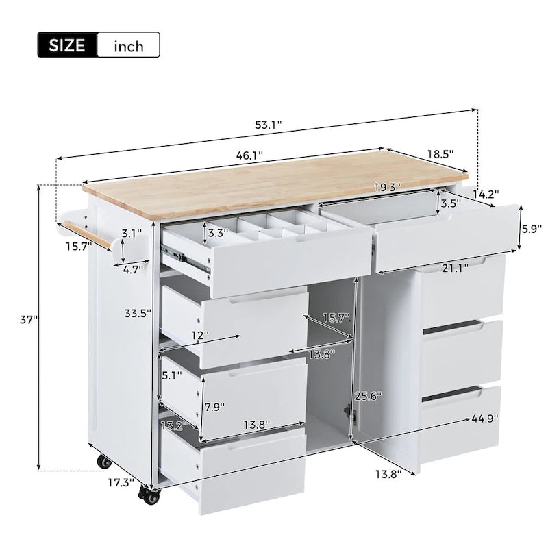 Rolling Kitchen Island Cart with 8 Handle-Free Drawers Rubberwood Top and Spice Rack