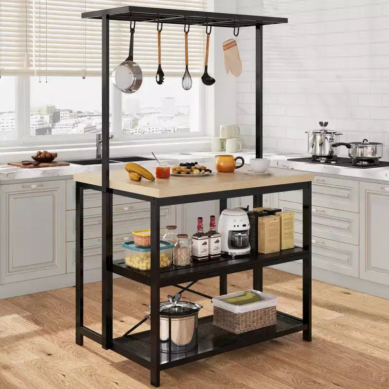 42-Inch Kitchen Island Table with 3-Tier Storage, 5 Hooks and Power Outlets