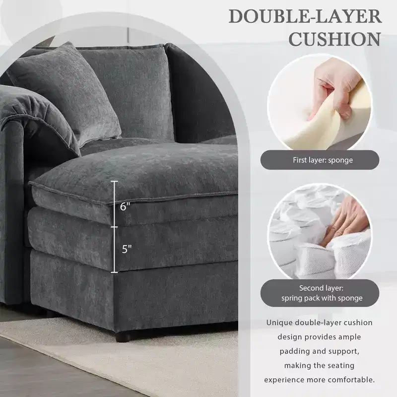 Polibi 6-Piece Chenille U-Shaped Modular Sectional Sofa with Dual Ottomans and Double-Layer Cushions