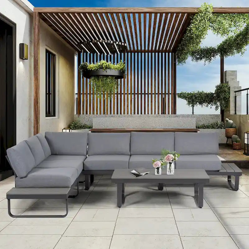 6 Person Outdoor L-Shape Metal Sectional Sofa Set with Cusions and Coffee Table
