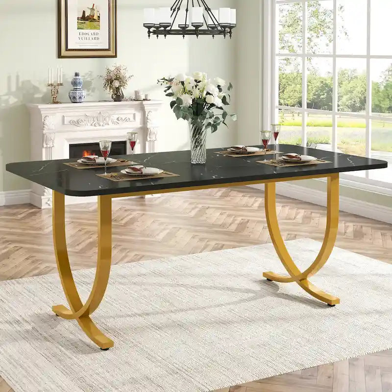 63 Inch Black Rectangular Dining Table with Faux Marble Top and Gold Legs