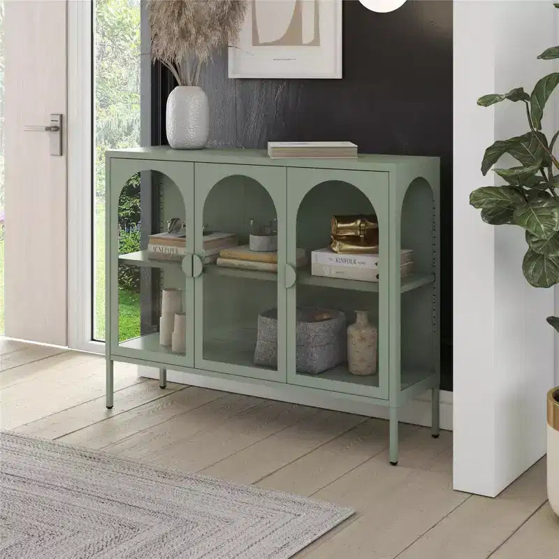 Chloe Metal Accent Cabinet With 3 Arched Glass Doors