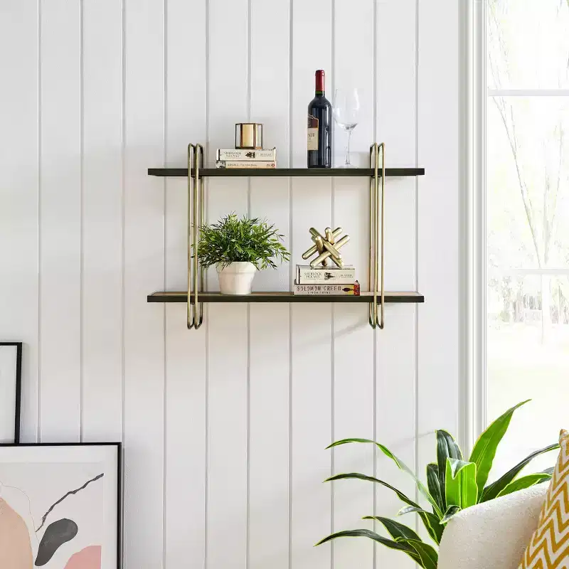 Danya B. 32.3" x 22" 2 Tier Metal and Wood Hanging Bracket Wall Mounted Shelf Gold: Floating Storage, Bathroom Display