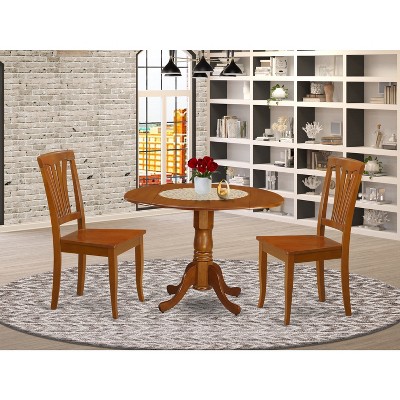 Dining Table Set with 2 Chairs, Round Dropleaf Kitchen Table, Solid Rubberwood, Saddle Brown Finish, 42x42 Inch