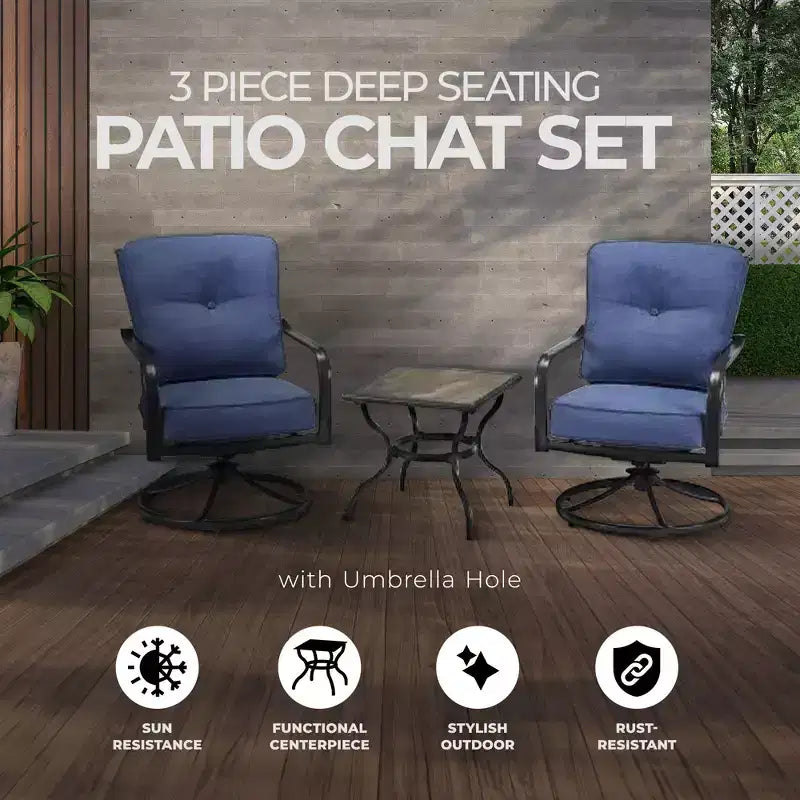 Four Seasons Courtyard Beaumont 3 Piece Deep Seating Outdoor Patio Chat Furniture Set with 2 Swivel Cushioned Chairs and Square Side Table, Gray/Brown