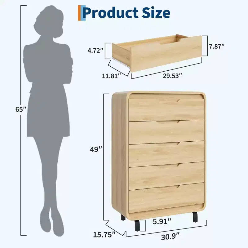 5-Drawer Wooden Dresser - 48 Tall Modern Chest of Drawers with Large Storage - Clothes Dresser for Bedroom, Living Room, Hallway