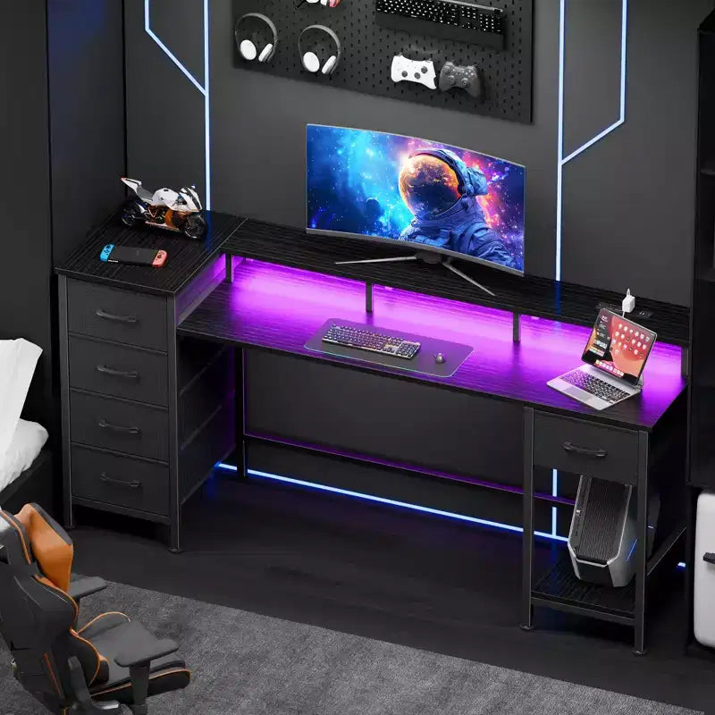 61 Inch Black Computer Desk with Charging Station Gaming Desk LED Lights Reversible 5 Fabric Drawers Home Office Writing Table Study Storage