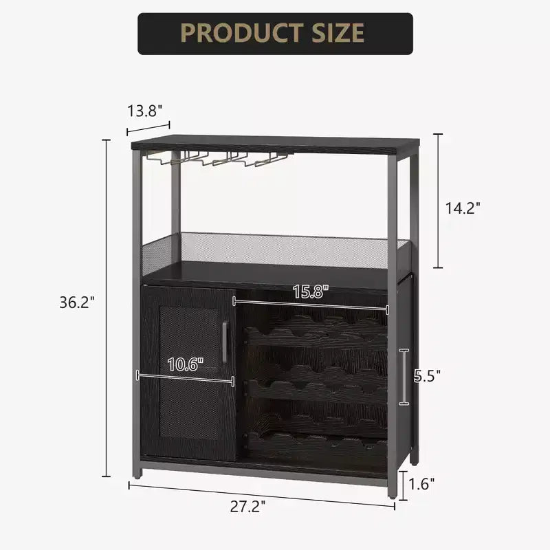 Grey 3-Tier Industrial Wine Bar Cabinet (12+ Bottles)  36H x 24W x 15D, Detachable Rack, 9 Glass Holders & Adjustable Shelves for Home/Bar