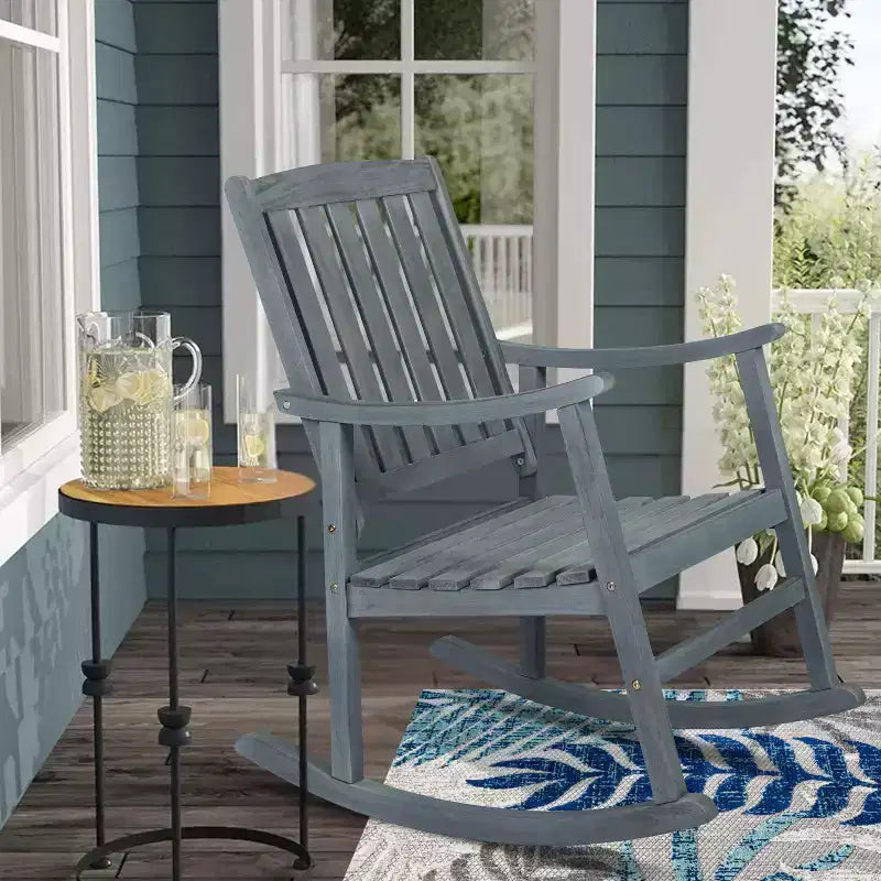 Penny Classic Slat-Back Acacia Wood Patio Outdoor Rocking Chair - JONATHAN Y