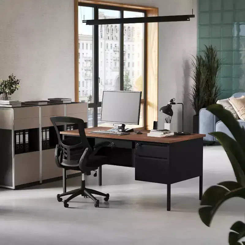 Flash Furniture Cambridge Commercial Grade Single Pedestal Desk with Locking Drawers and Metal Frame