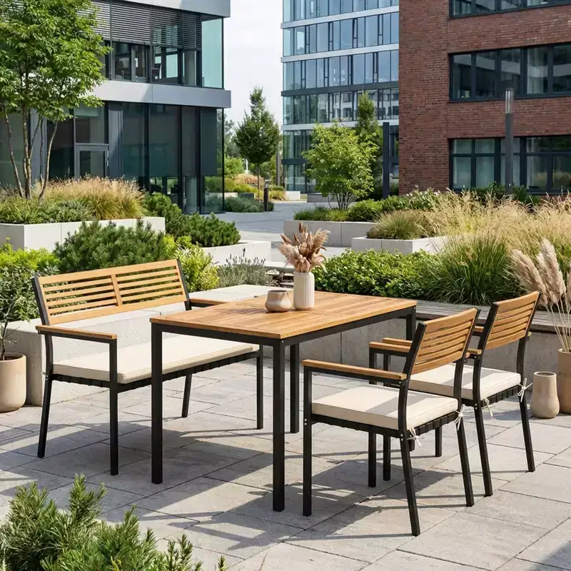 Gymax 4 PC Patio Furniture Set w/ Acacia Wood Table & Umbrella Hole 2 Stackable Chairs Bench Comfortable Cushions