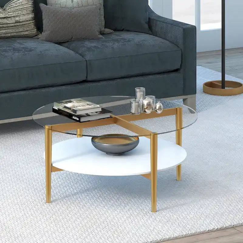 Round Mid-Century Modern Coffee Table with Tempered Glass Top