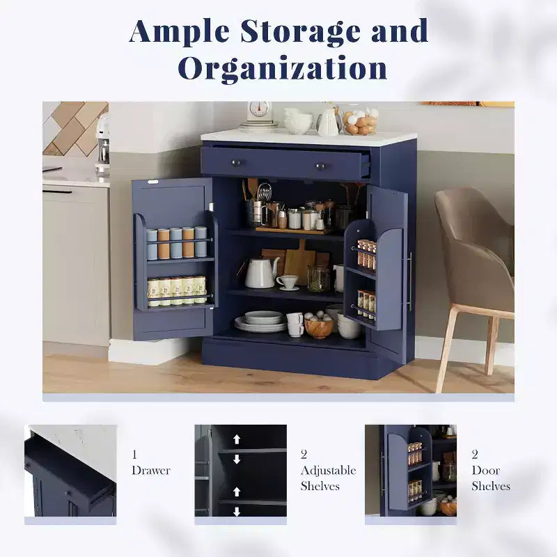 Freestanding Kitchen Pantry Cabinet with Faux Marble Top