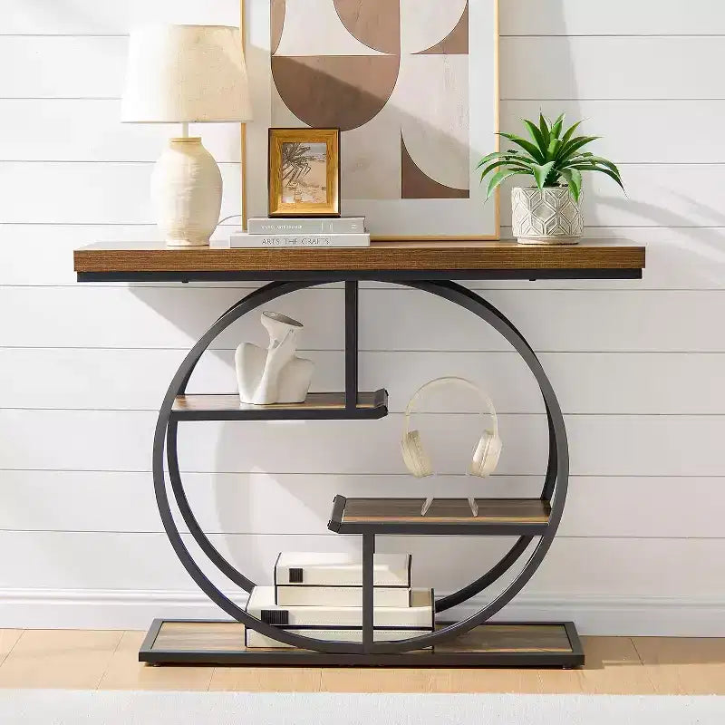 Industrial 4-Tier Console Table with Metal Frame and Wood Shelves