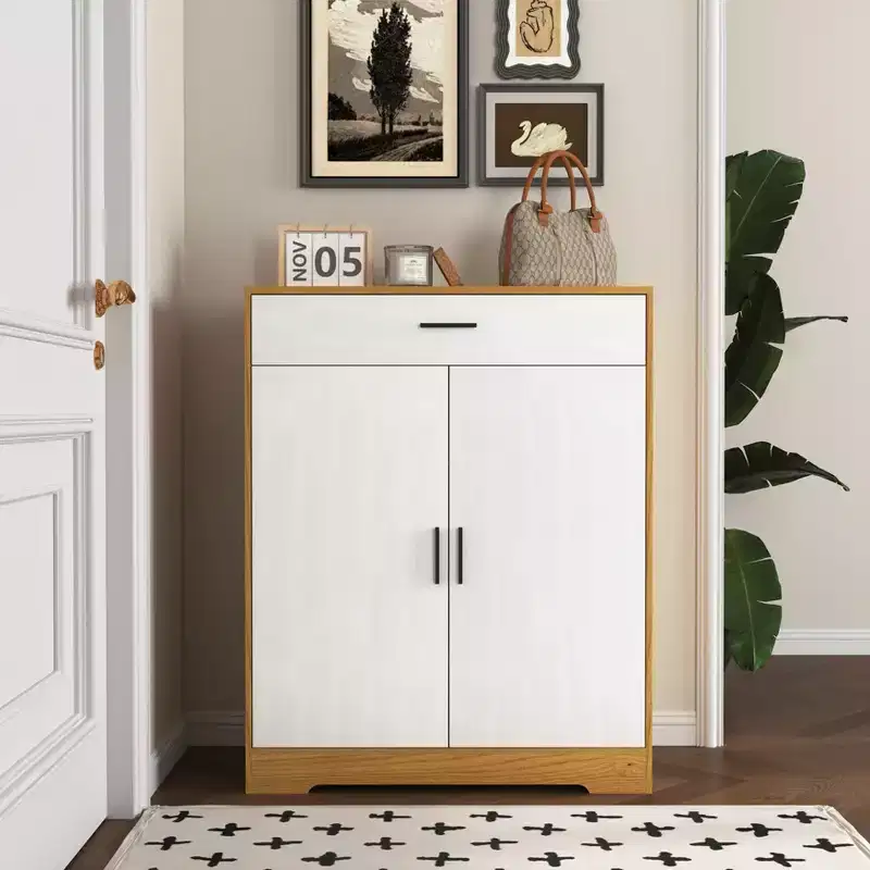 4-Tier Shoe Cabinet with 1 Drawer, 2 White Doors & Adjustable Shelves for Entryway