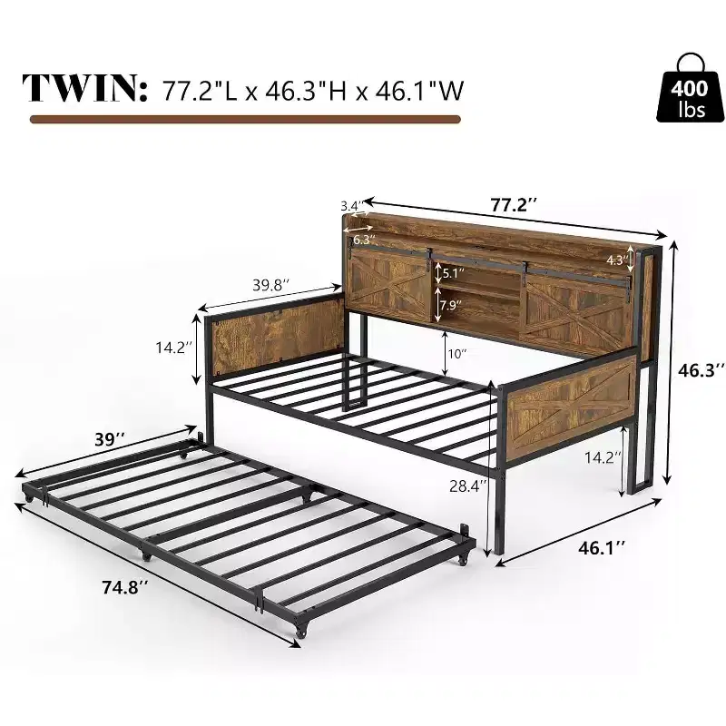 Twin Daybed with Trundle, LED Lights and Charging Station, Metal Frame with Farmhouse Headboard