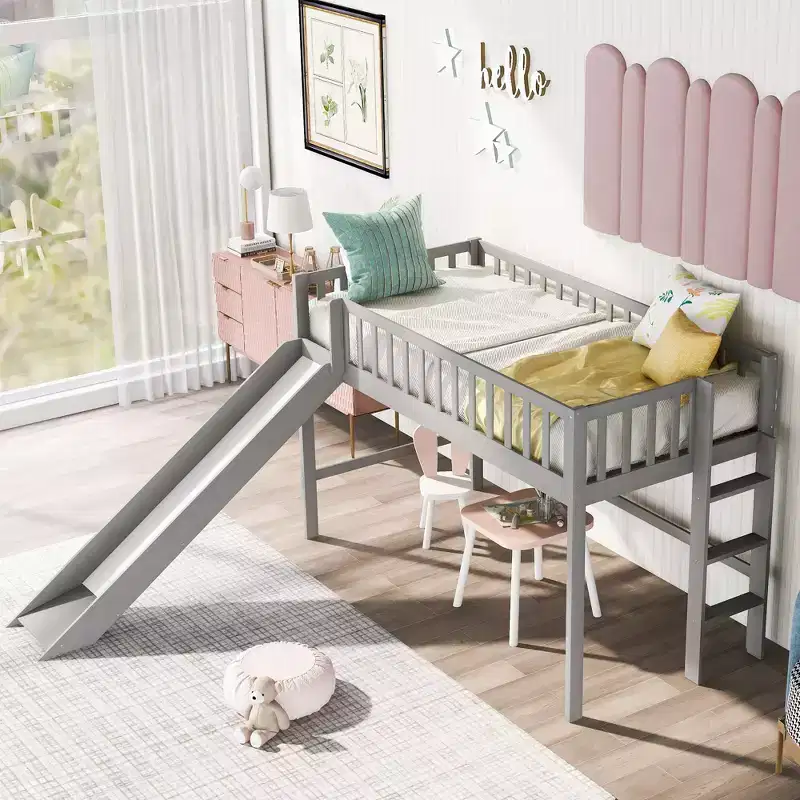 Whisen 77.4L x 40.5W Twin Size Wood Low Loft Bed with Ladder and Slide, Suitable for Small Space