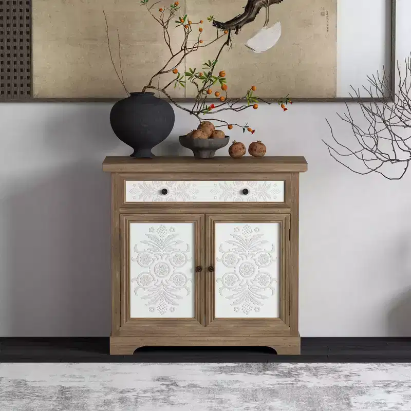 Rustic Storage Cabinet with Drawers and Metal Doors