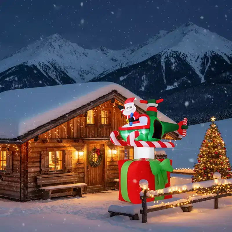 Gymax 6' Inflatables Xmas Santa Claus & Helicopter on Gift Box w/ 3 Cold White LED Lights & Water Bags Waterproof Outdoor Settings
